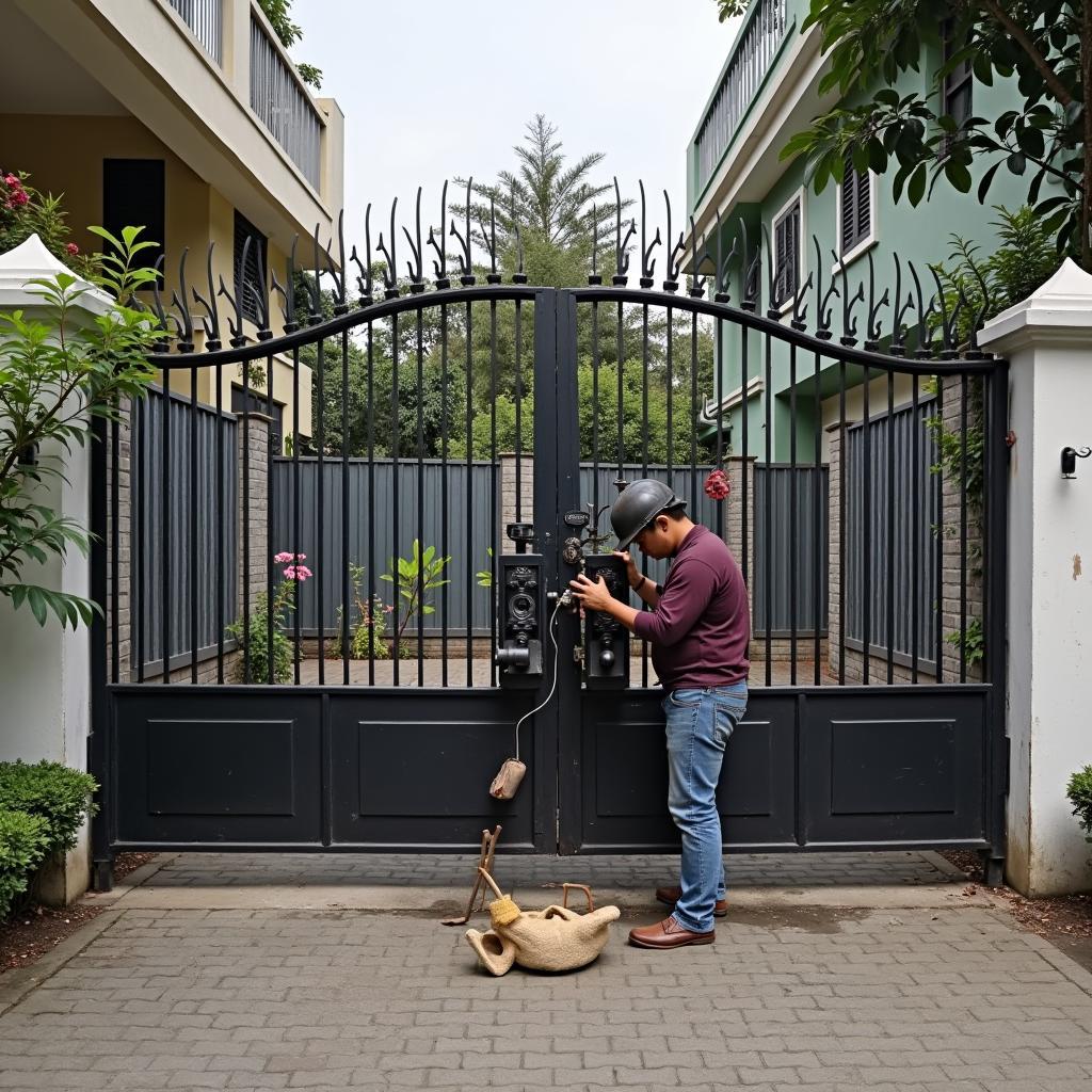 Thợ hàn gia cố cửa sắt cho nhà dân trên đường Lê Văn Khương, Quận 12