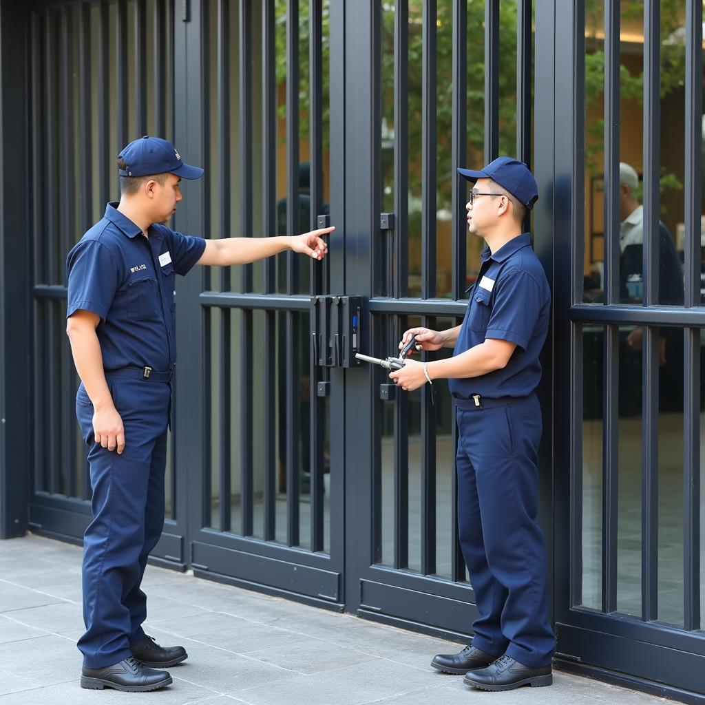 Đội ngũ thợ sửa cửa sắt chuyên nghiệp tại Quận 1 đang kiểm tra và khắc phục sự cố cửa sắt bị kẹt