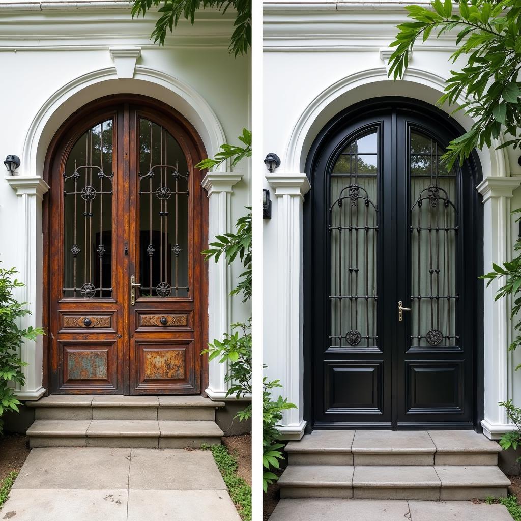 Hình ảnh thợ sửa chữa và sơn lại cửa sắt cũ rỉ sét tại đường Trần Não, Quận 2