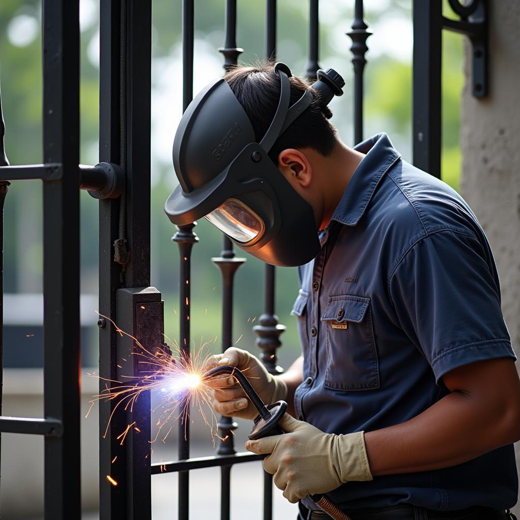 Thợ hàn cửa sắt chuyên nghiệp đang thực hiện công việc