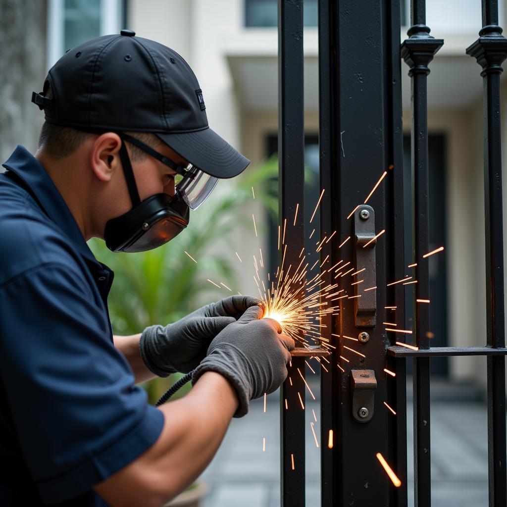 Thợ đang hàn xì, sửa chữa bản lề cổng sắt bị gãy tại khu đô thị An Phú, Quận 2