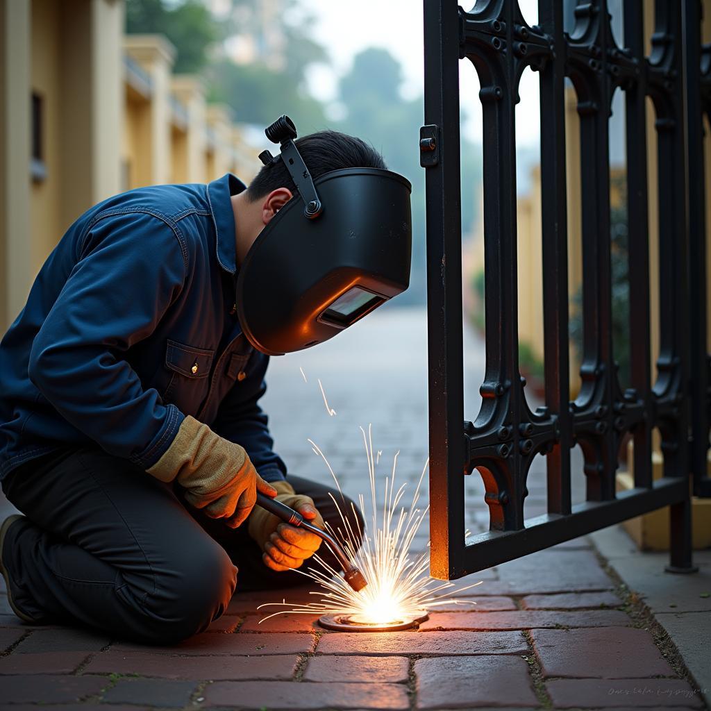 Thợ sửa cửa sắt chuyên nghiệp đang thực hiện hàn cửa sắt tại Quận Tân Phú