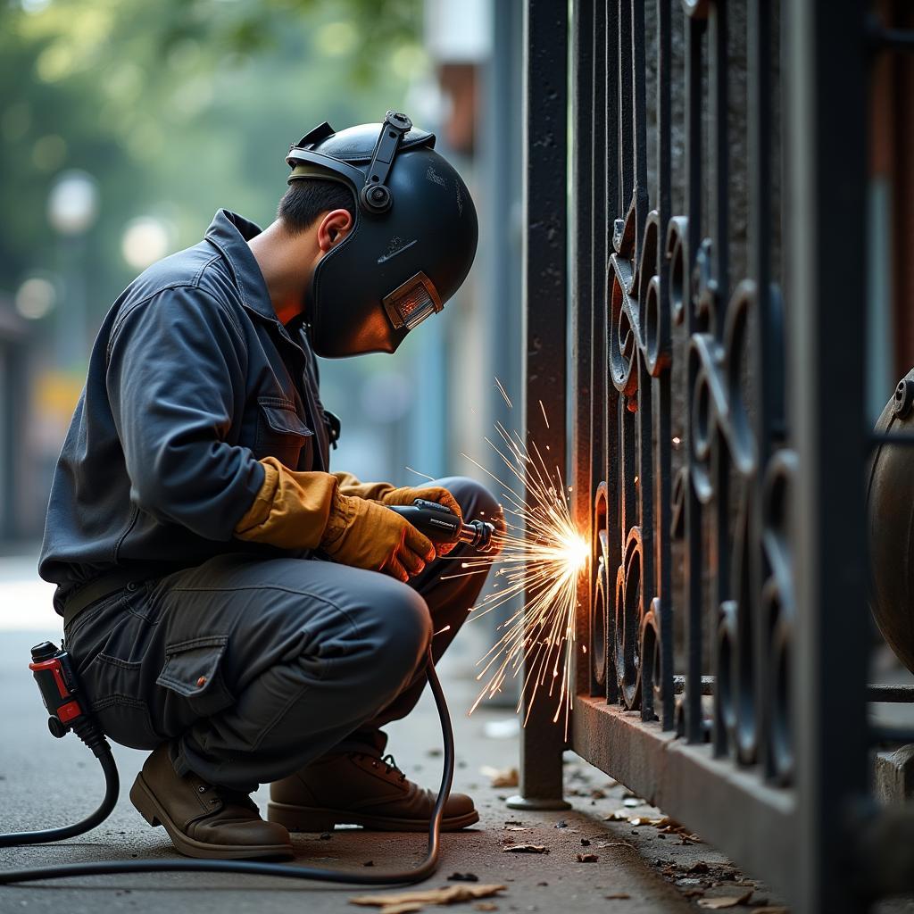 Thợ sửa cửa sắt chuyên nghiệp đang hàn cửa sắt bị gãy tại Quận Bình Thạnh, TPHCM