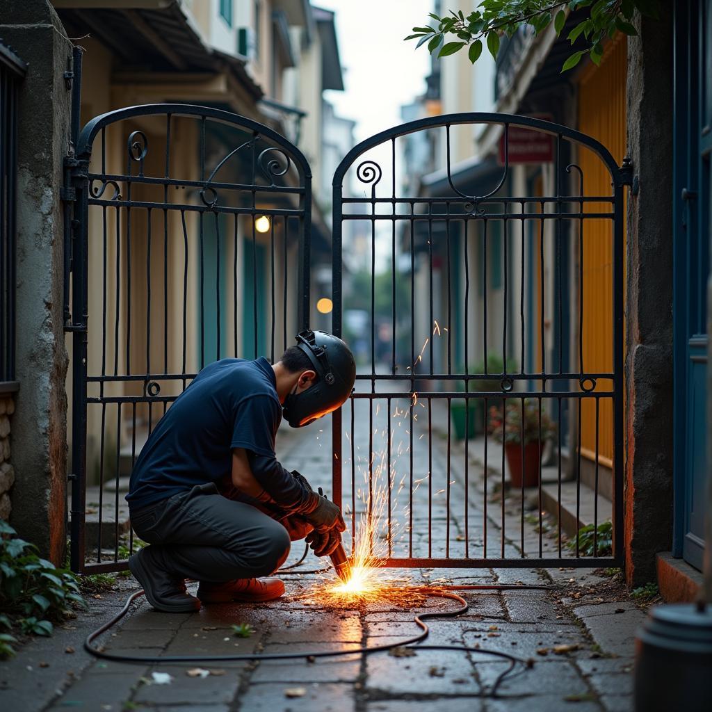 Thợ sửa cửa sắt đang hàn cửa sắt bị gãy tại một con hẻm ở Quận Bình Thạnh, TPHCM