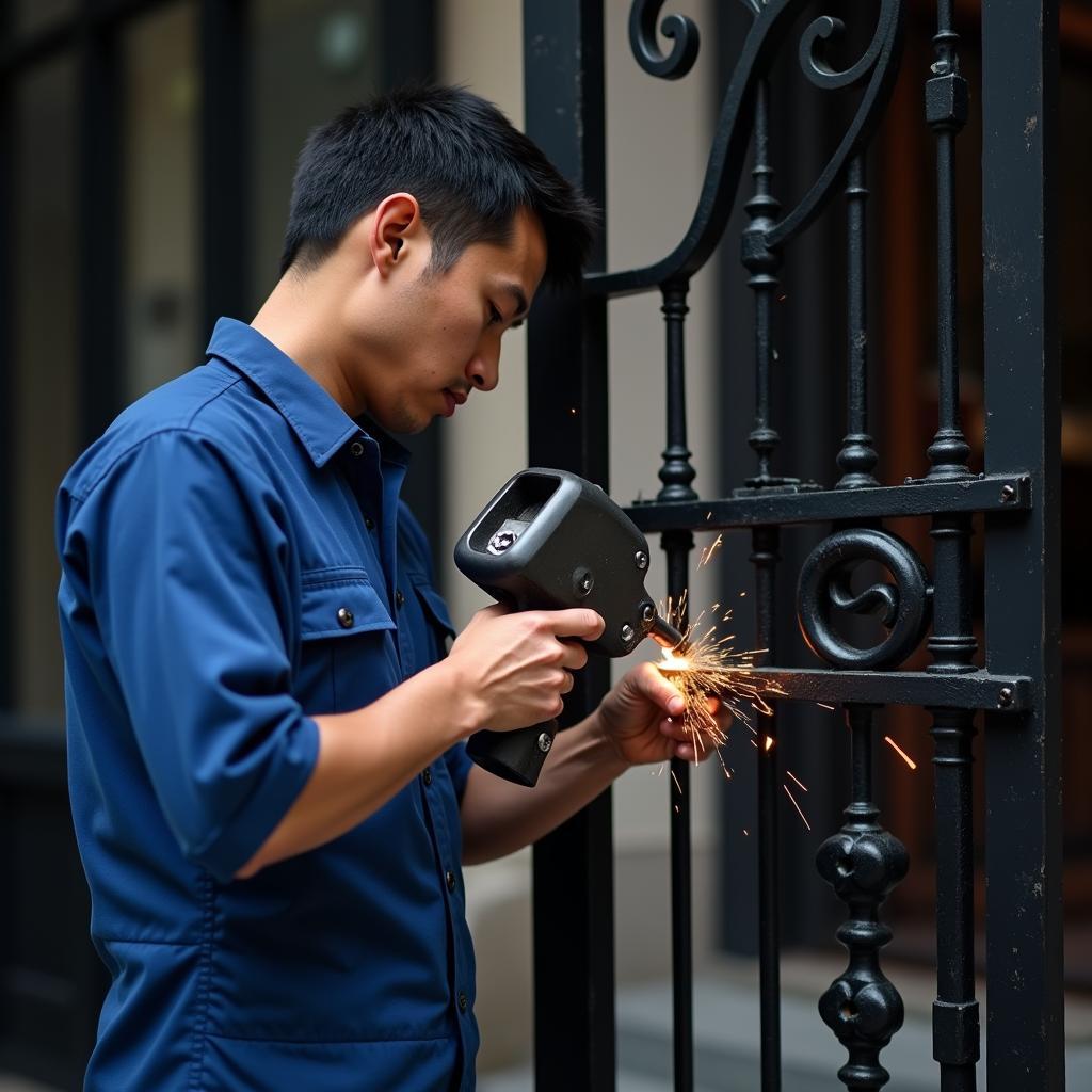 Hình ảnh thợ sửa cửa sắt tại Quận 1 đang hàn lại bản lề cửa cổng bị gãy cho khách hàng