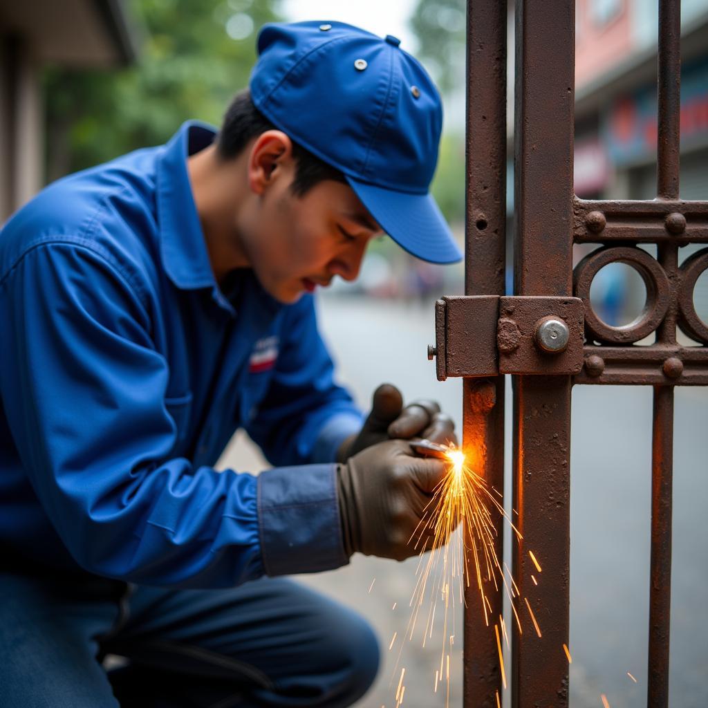 Thợ sửa cửa sắt tại nhà Quận 3 đang hàn lại bản lề cửa cổng cho khách hàng một cách chuyên nghiệp